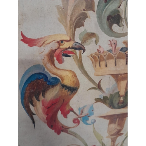 310 - Interesting 19th century  Continental school, Mythical Birds and Flowers  oil on canvas and later ba... 