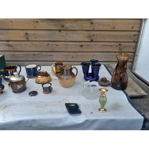 184 - Decorative 19th century and later pottery : damaged lustre ware, stone ware jug  etc.