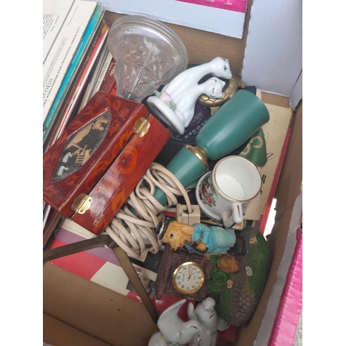 337 - Boxes of oddments : records, china wooden and other ornaments