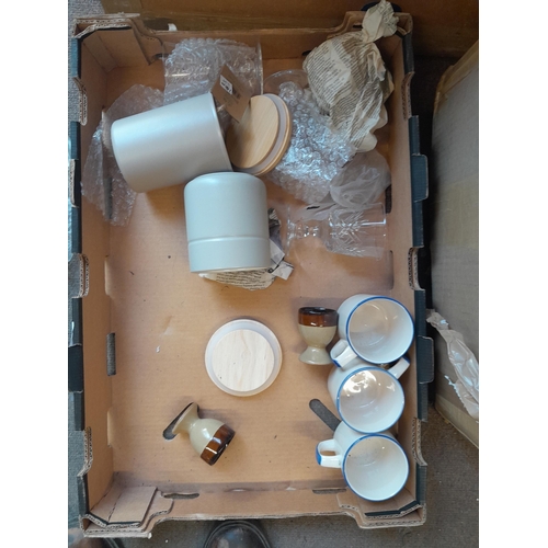 467 - Various boxes of oddments : decorative cherub ornament modern Chinese vase, Le Creuset pot and cover... 