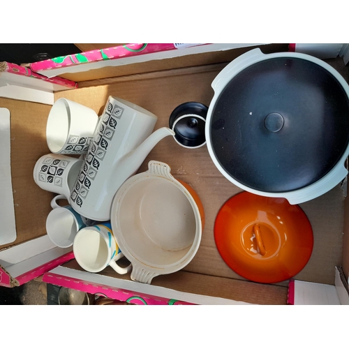 467 - Various boxes of oddments : decorative cherub ornament modern Chinese vase, Le Creuset pot and cover... 