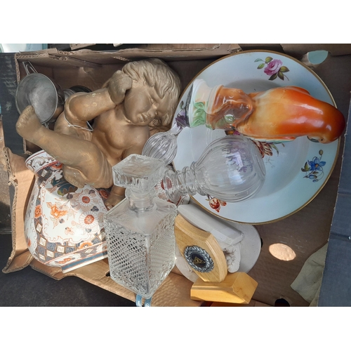 467 - Various boxes of oddments : decorative cherub ornament modern Chinese vase, Le Creuset pot and cover... 