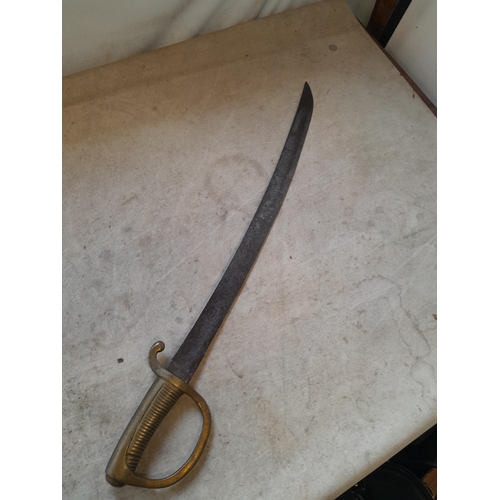 219 - 19th century French made Briquet sword, with brass handle, curved steel blade with stamps, no scabba... 