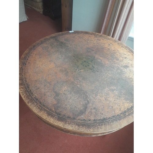 222 - Early 20th century mahogany drum table with inset leather skiver and two drawers 92 cms x 72 cms