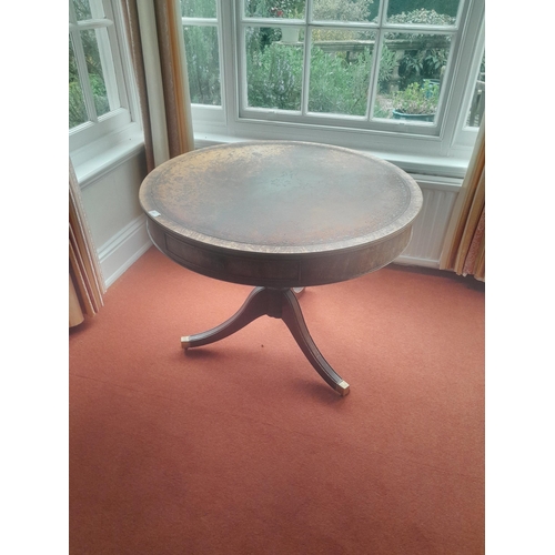 222 - Early 20th century mahogany drum table with inset leather skiver and two drawers 92 cms x 72 cms