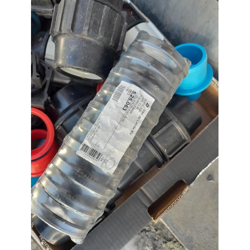 237 - Box of large size alkathene pipe fittings : 63mm MDPE Pipe fittings to include, tee, connector,90 el... 