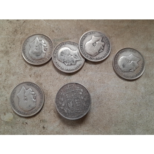 67 - 6 x pre 1920 Silver Half Crowns , QV young head 1883 set as a brooch