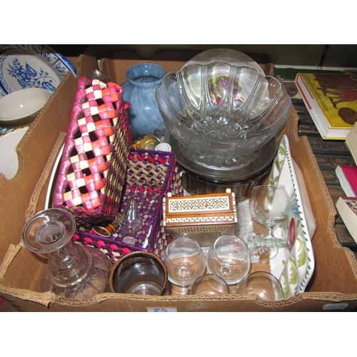 23 - Box Includes Woven Baskets, Glass Vase, Glass Bowls etc.