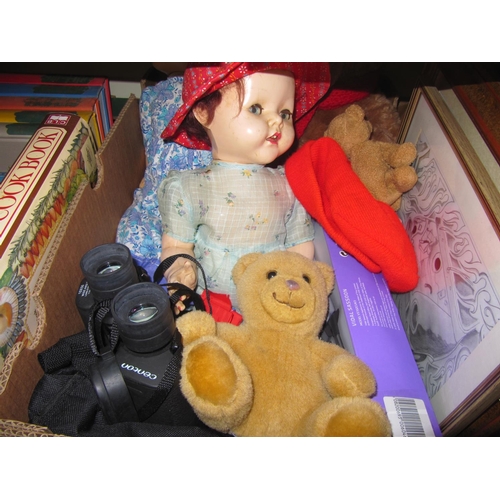 33 - Box to Include Dolls, Teddy Bears, Pictures, Binoculars etc.