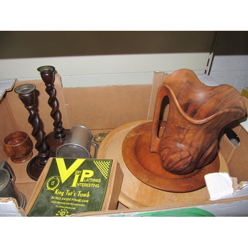 39 - Box of Treen Items Including Jug, Candle Sticks & Plated Tankards.