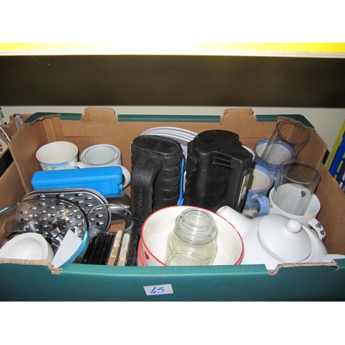 45 - Box of Mugs, Glass Ware, Torches etc.