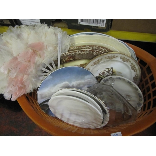 58 - Basket of Plates & a Feather Fan.