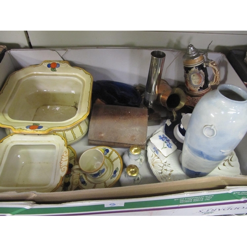 9 - Box to Include Burleigh Ware Tureen, Copper Jug & Bud Vase etc.