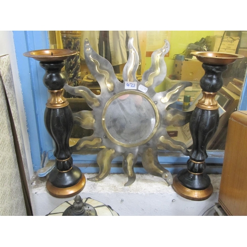 421 - Metal Sun Mirror & Two Candle Holders.