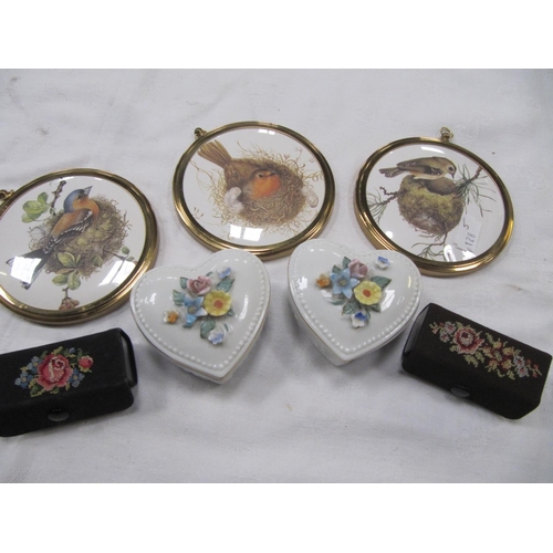 186 - Two Tapestry Top Lipstick Cases, Three Small Framed Pictures & Two Heart Shaped Trinket Boxes.