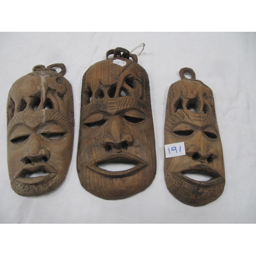 191 - Three Wooden Carved Tribal Wall Masks.