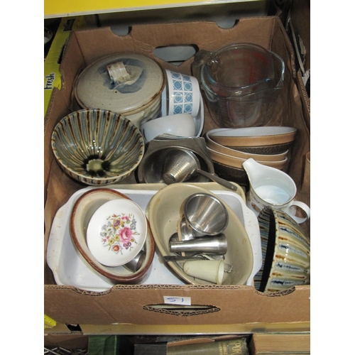 51 - Box of Kitchenware, Stainless Dishes, Glass Jugs etc.