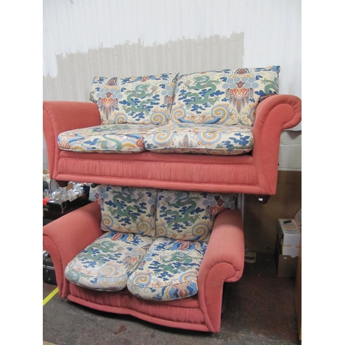 705 - Red Based Colourful Two Seater Laura Ashley Sofa with Matching 3 Seater Sofa.