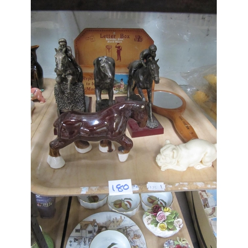 180 - Tray to Include Horse Racing Figures on Plinths, Wooden Letter Rack & Mirror etc.