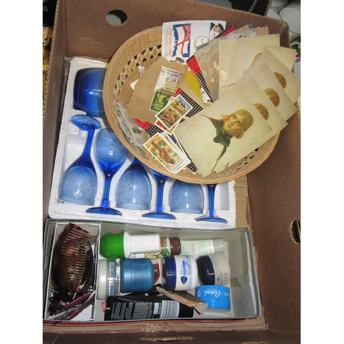 20 - Box to Include Basket of Stamps, Blue Glass Set & Beauty Accessories.-DONATED 25/08/21