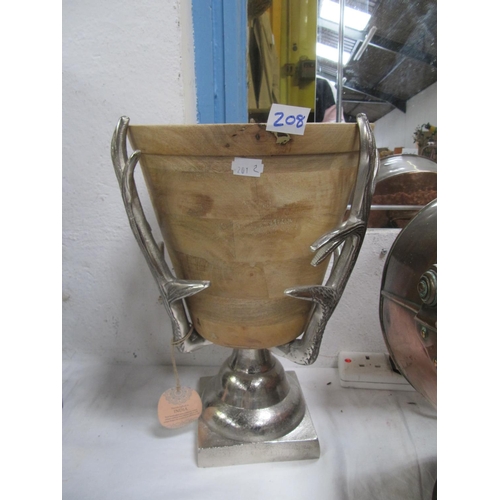 208 - Indian Wooden Urn on Cast Base with Antlers.