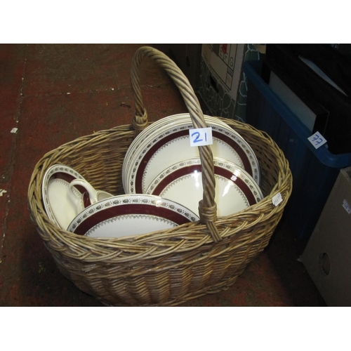 21 - Basket to Include Crown Ducal Burgundy Rimmed Dinner Service.