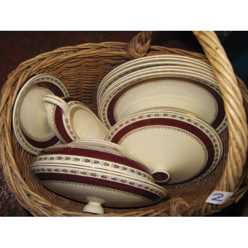 21 - Basket to Include Crown Ducal Burgundy Rimmed Dinner Service.