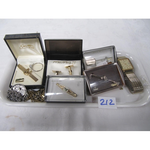 212 - Tray of Tie Pins, Cufflinks, Watch & Other Jewellery.