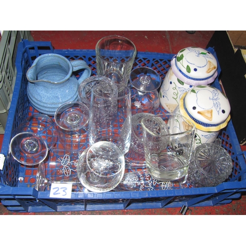 23 - Box to Include Glasses, Jug & Storage Jars.