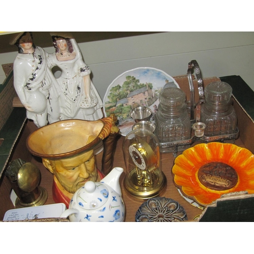 36 - Box of Assorted China to Include Flat Back Figures, Mantle Clock, Brass Ware etc.