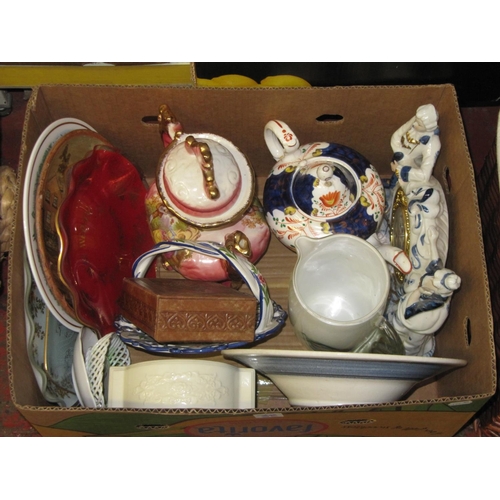 38 - Box of Odds to Include Teapots, Plates & Clock.