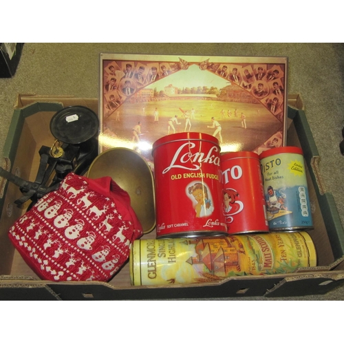 103 - Box to Include Scales, Metal Cricket Sign, Vintage Tins & Festive Door Stop.