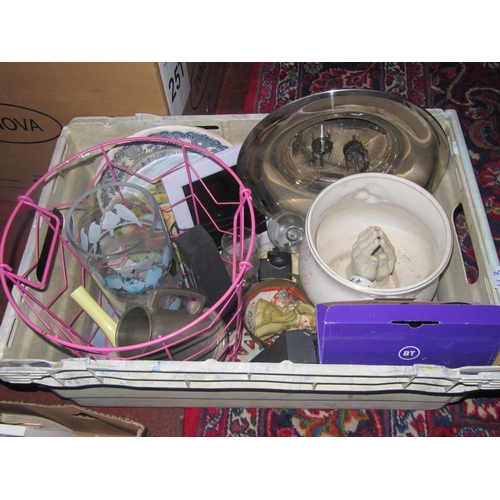 113 - Box of Plates, BT Phones, Large Metal Basket etc.