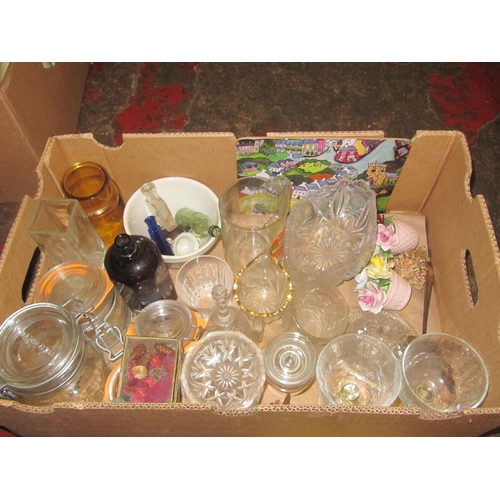 124 - Box of Glasses, Storage Jars, Bowls, Miniature Bottles etc.