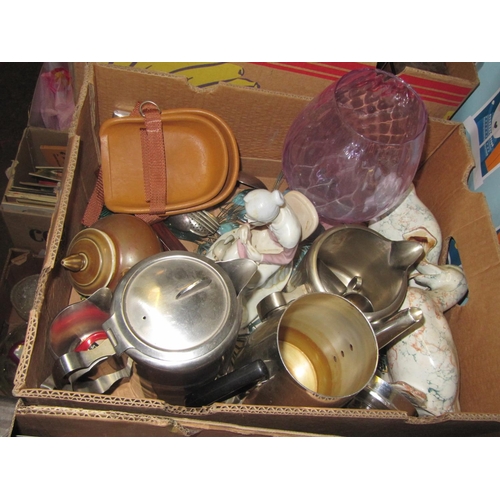 139 - Box to Include Stainless Coffee Service, Cutlery, Large Blue Glass Glass etc.