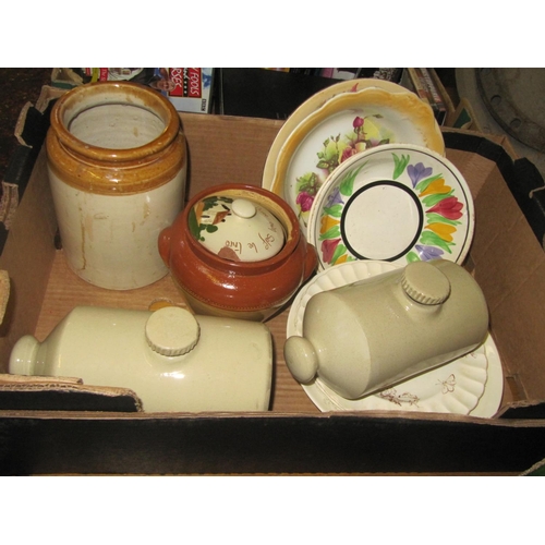 151 - Box of Earthenware Jars, Water Bottles and China, Plates etc.