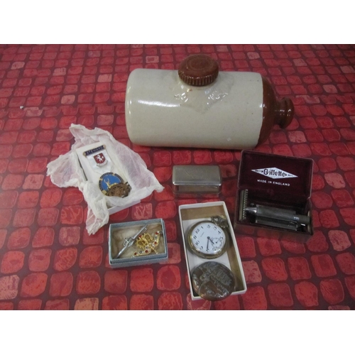 172 - Box to Include Earthenware Bottle, Pocket Watch, Vintage Razor, Masonic Medal & Brooches.