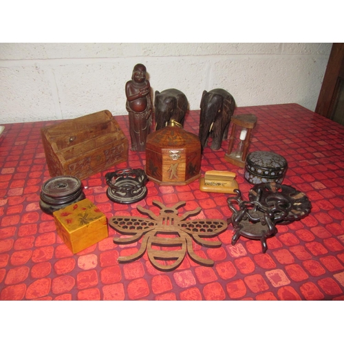 174 - Tray of Various Wooden Items - Elephants, Lidded Boxes etc.