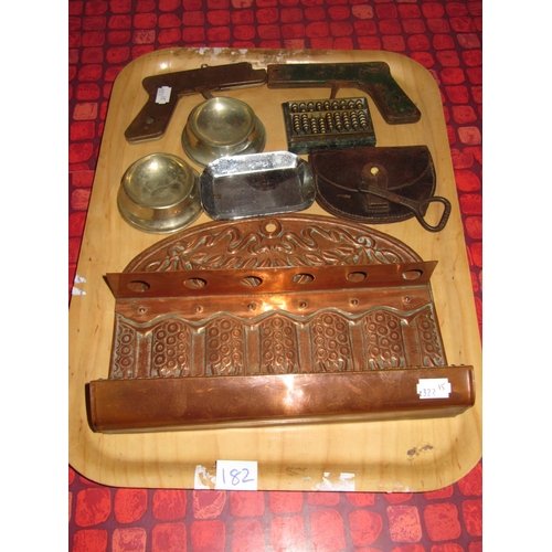 182 - Tray of Vintage Items to Include Copper Pipe Rack, Plated Dishes, Miniature Abacus etc.