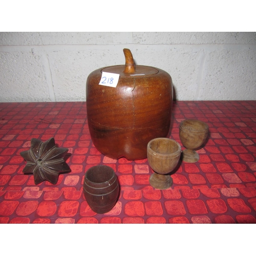 218 - Selection of Treen Items to Include Acorn Tobacco Jar, Butter Mould Press, Egg Cups & Barrel.