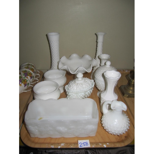 258 - Tray of White Glass & Ceramic Vases, Candle Holders, Pots etc.