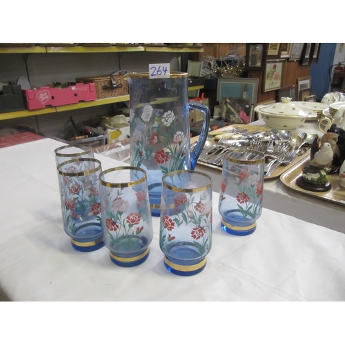 264 - Blue & Gilt Floral Design Glass Drink Set with Jug.