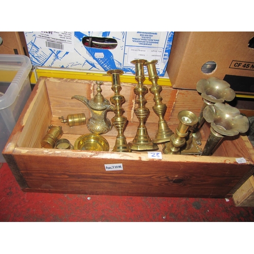 28 - Box of Brass Candlesticks & Other Brass Ware.