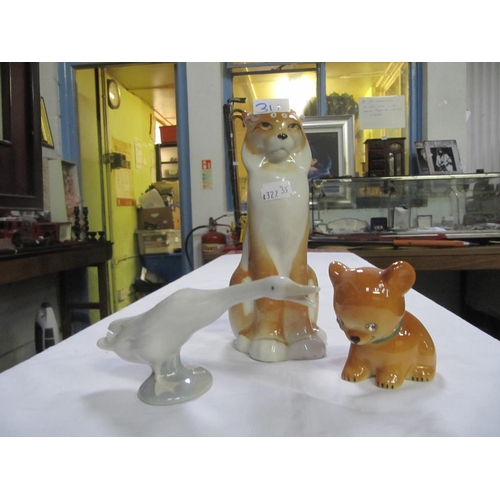 311 - Three Animal Figures - Sitting Long Eared Cat, West German Bear Cub & Lladro Goose.