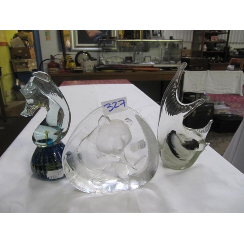 327 - Three paperweights - Panda, Murano Glass Style Seahorse & Fish.