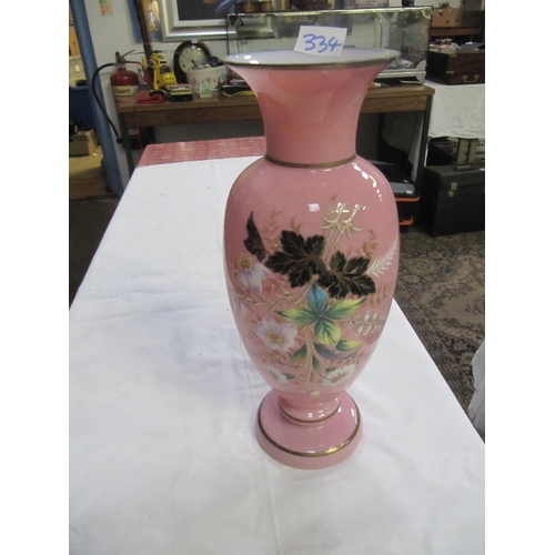 334 - Hand Decorated Pink Milk Glass Vase.