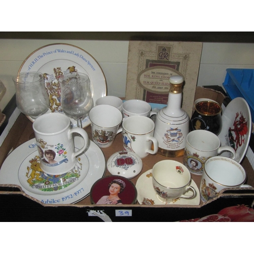 39 - Box of Commemorative Ware - Mugs, Bells, Cigarette Card Album & Plates etc.