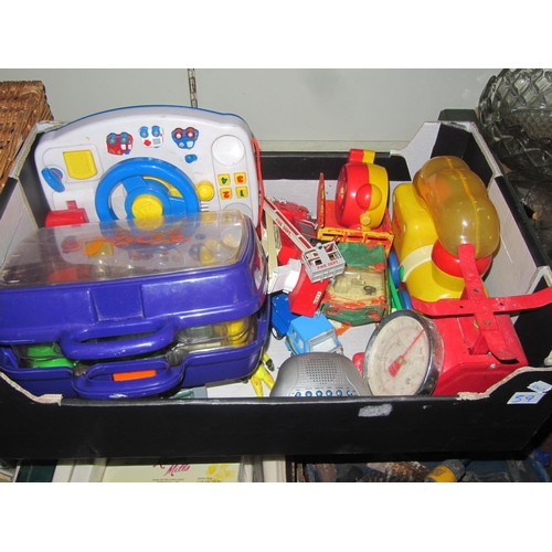 59 - Box of Children's Toys - Scales, Car Dashboard, Power Tool Set, Fire Engine etc.