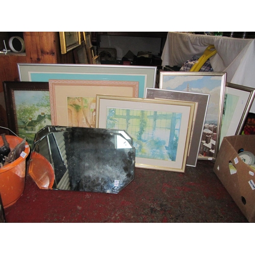 67 - An Array of Framed Pictures & Two Bevel Edge Mirrors.