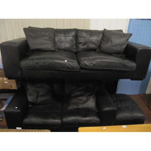 682 - Large Black Leather Three Seater Sofa with Matching 2 Seater Sofa, Foot Stool & Cushions.